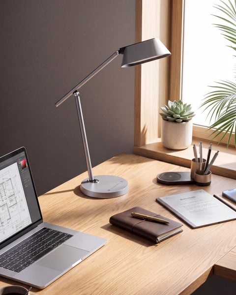 Moderne silberne verstellbare LED-Schreibtischlampe auf Holzschreibtisch in hellem, organisiertem Arbeitsbereich mit Laptop und Pflanzen.