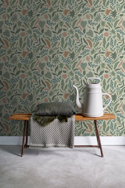 ESTAhome Tapete Blätter und Blumen Dunkelgrün, Blau und Rosa - 50 x 900 cm - 131053