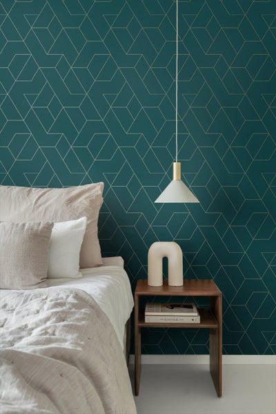 ESTAhome Tapete grafische Linien Petrolblau und Gold - 50 x 900 cm - 139947