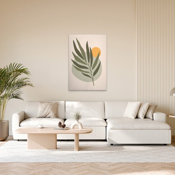 Dekorative Leinwand mit abstraktem Pflanzenmotiv in einem Wohnzimmer