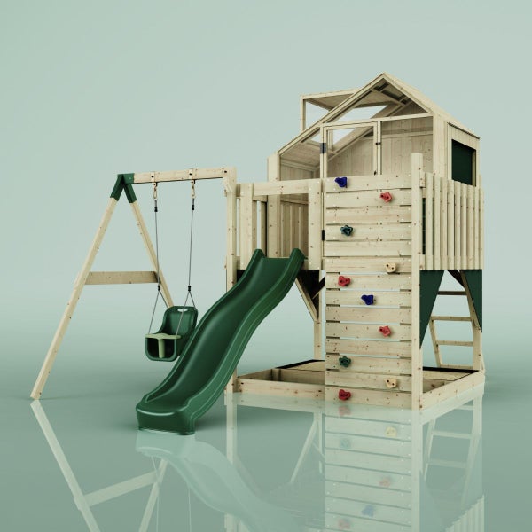 Spielturm aus Holz mit Rutsche, Schaukel und Kletterwand für den Garten