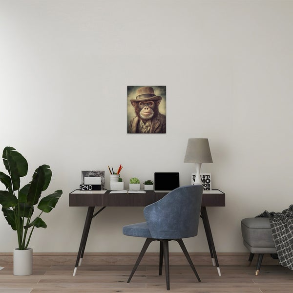 Dekoratives Affenbild im Arbeitszimmer mit Schreibtisch und Bürostuhl