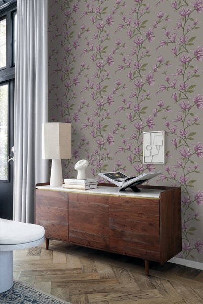 Origin Wallcoverings Tapete Magnolie Taupe und Aubergineviolett - 53 cm x 10.05 m - 347052