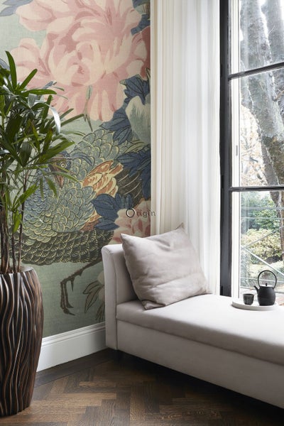Origin Wallcoverings Fototapete Pfau und Pfingstrosen Altrosa, Grün und Blau - 2 x 3 m - 357233
