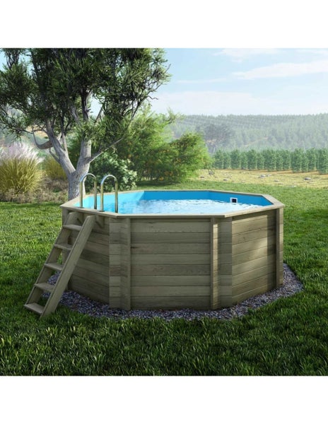 Aufstellpool aus Holz mit Leiter und Edelstahl-Poolleiter im Garten
