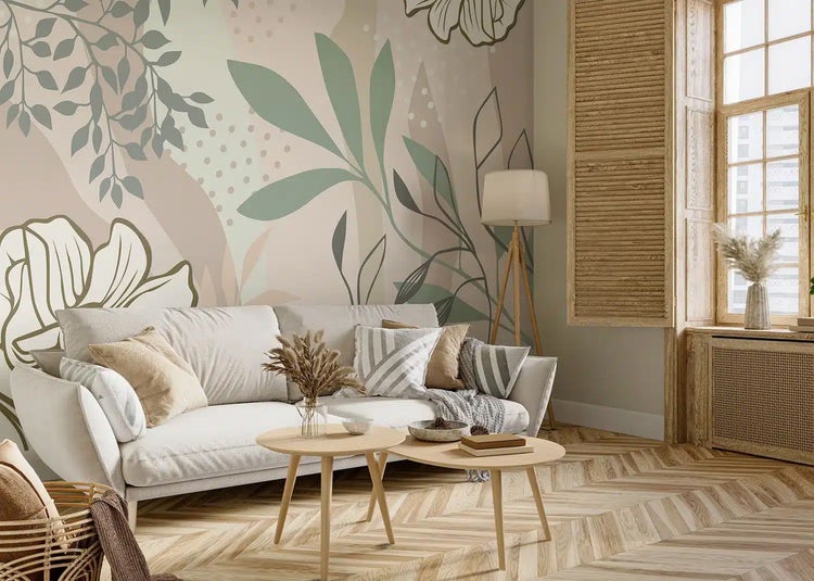 Sanders & Sanders Fototapete gezeichnete Blätter Beige und Hellgrün 375 x 270 cm