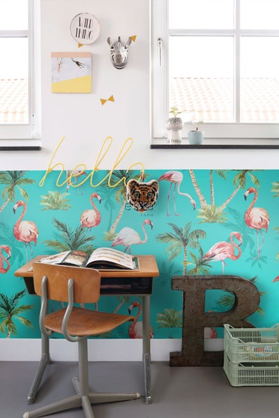 ESTAhome XXL-Vliestapete Flamingos Türkis, Grün und Rosa - 50 x 900 cm - 158609