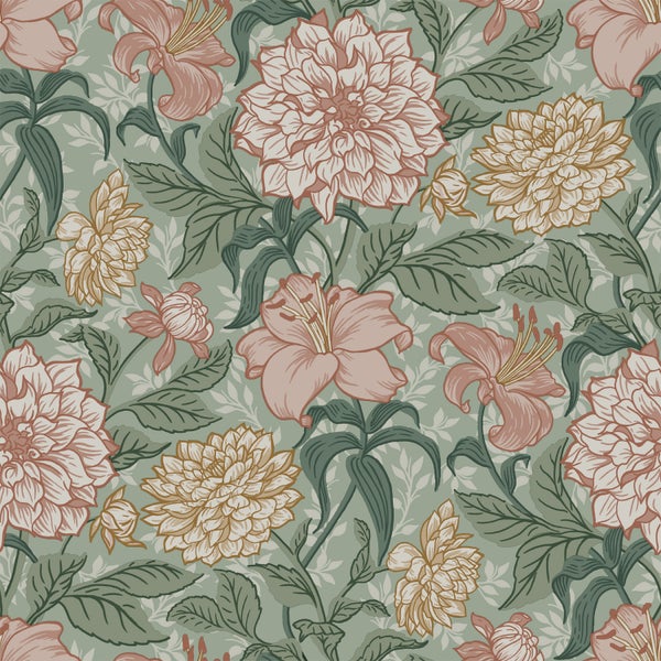 ESTAhome Tapete Blumenmuster Grün und Altrosa - 53 cm x 10.05 m - 139378