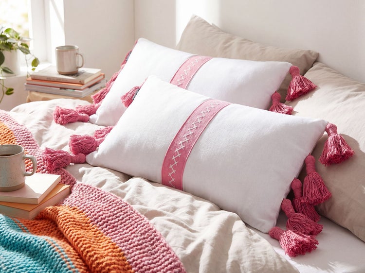 Zwei weiße dekorative Kissen mit rosa Zierstreifen und Quasten auf einem Bett in einem hellen, freundlichen Schlafzimmer.