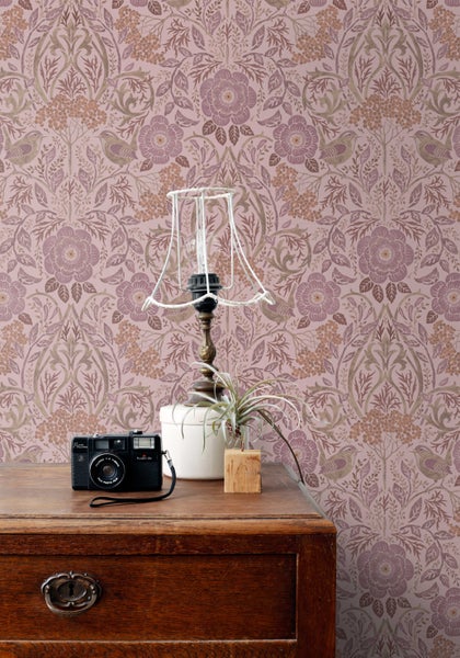 ESTAhome Tapete Blumen und Vögel Altrosa und Violett - 50 x 900 cm - 131209