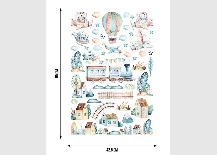 Wandsticker-Set für Kinderzimmer mit Aquarell-Motiven von Tieren in Fahrzeugen, Häusern und Bäumen, 65 mal 42,5 Zentimeter.