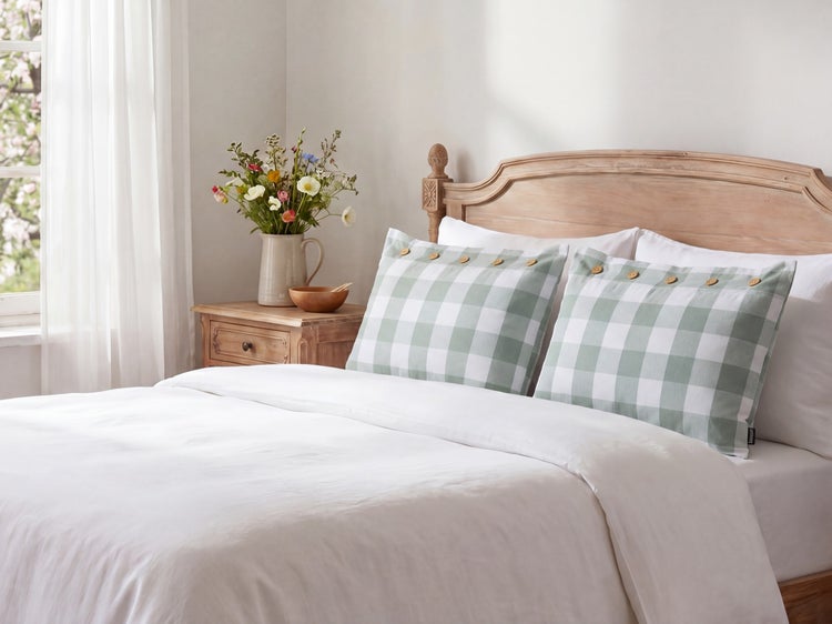 Ein helles Schlafzimmer im Landhausstil mit einem Bett, weißer Bettwäsche und zwei grün-weiß karierten Kissen mit Holzknöpfen.
