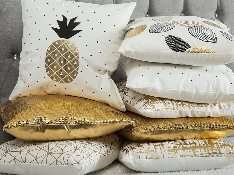 Dekokissen 2er Set LOTUS Baumwolle 45 x 45 cm Gold Weiß Schwarz Pflanzenmuster