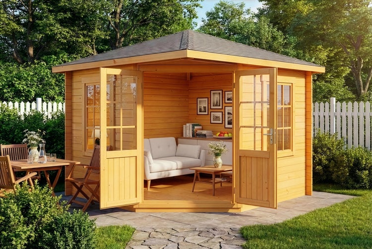 Holz Gartenhaus mit Möbeln im Garten