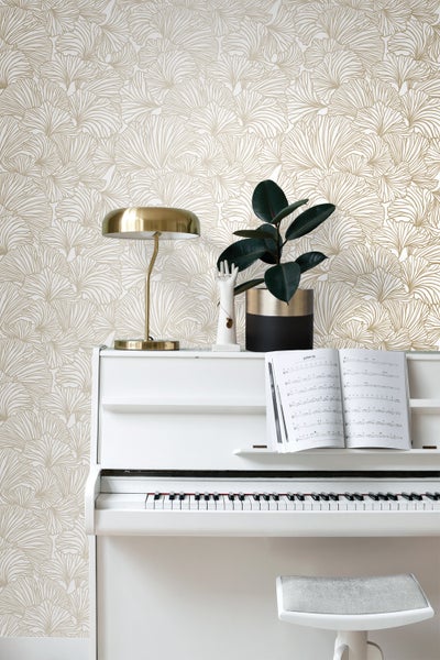 ESTAhome Tapete Ginkgoblätter Weiß und Gold - 53 cm x 10.05 m - 139614