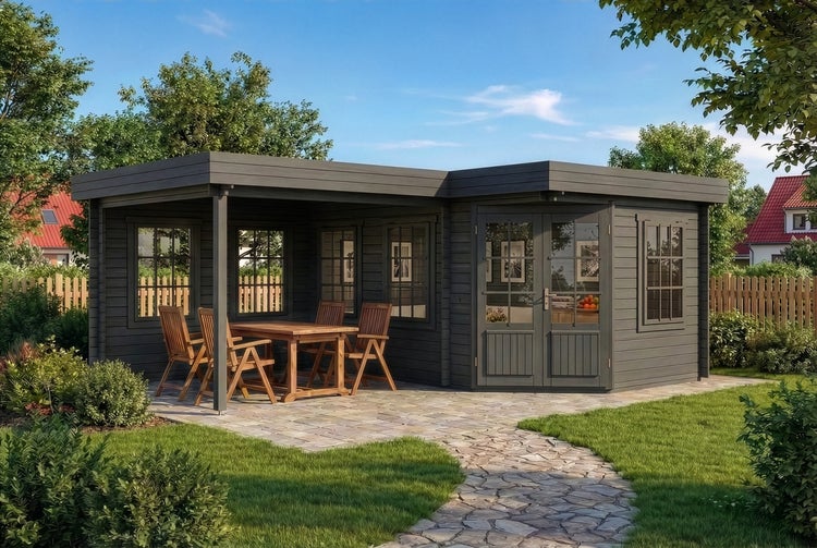 Modernes Gartenhaus aus grauem Holz mit Flachdach und angebauter überdachter Terrasse auf einer Steinfläche in einem grünen Garten.