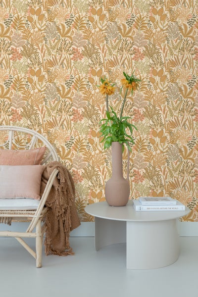ESTAhome Tapete tropische Blätter und Blüten Terrakotta und Beige - 50 x 900 cm - 131662