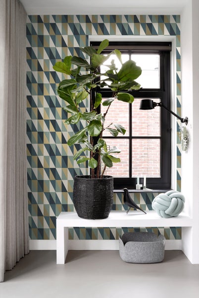 ESTAhome Tapete grafische Dreiecke Gold, Grün und Blau - 53 cm x 10.05 m - 139197
