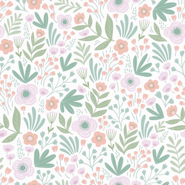 ESTAhome Tapete Blumen Grün, Orange und Violett - 50 x 900 cm - 131064
