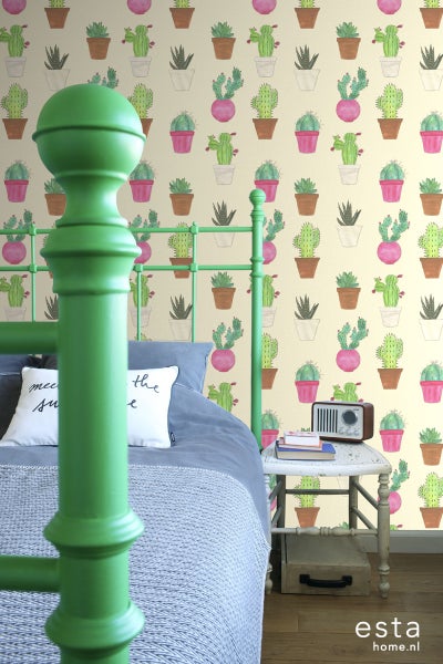 ESTAhome XXL-Vliestapete Kakteen Grün, Rosa und Beige - 50 x 900 cm - 158604