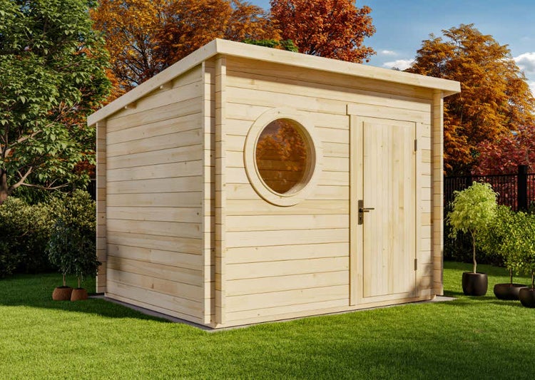 Alpholz Gartenhaus Maria-Rondo 44 A aus Massiv-holz, Gerätehaus mit 44 mm Wandstärke, Garten Holzhaus inklusive Montagematerial, Geräteschuppen Größe: 300 x 250 cm, Pultdach