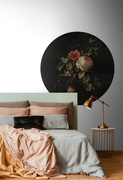 ESTAhome selbstklebende runde Tapete Blumenstillleben Dunkelrot und Schwarz - Ø 140 cm - 159014