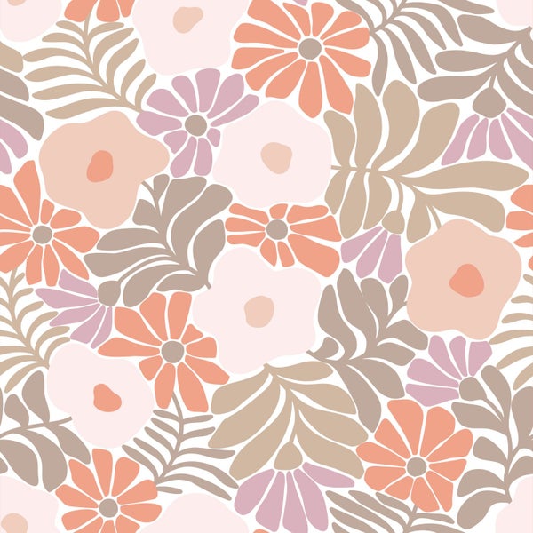ESTAhome Tapete Blumen im Matisse-Stil Orange, Lila und Hellrosa - 50 x 900 cm - 131003