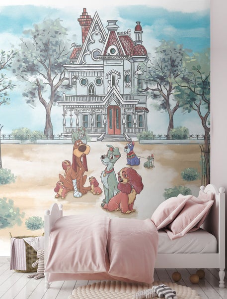 Fototapete mit Hunde-Motiv im Kinderzimmer, das eine gemütliche Atmosphäre schafft.