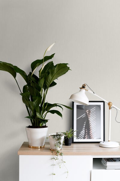 Wohnraum mit Zimmerpflanzen, Lampe und Bild auf einer Kommode vor einer einfarbigen Wand.