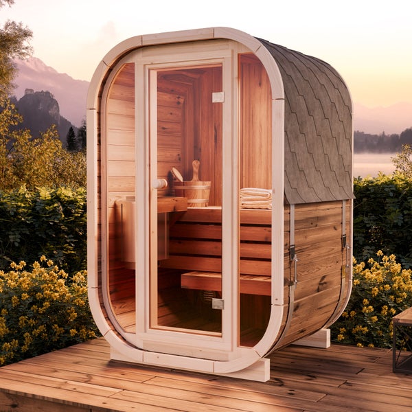 FinnTherm Fasssauna Ellipso S Fasssauna 1 Sitzbänke aus Holz Sauna mit 42 mm Wandstärke, Außensauna mit Montagematerial