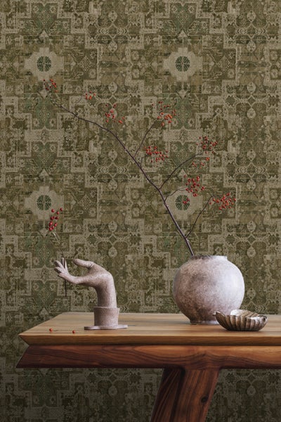 ESTAhome Tapete orientalisches Kelim-Patchwork Olivgrün - 50 x 900 cm - 131359