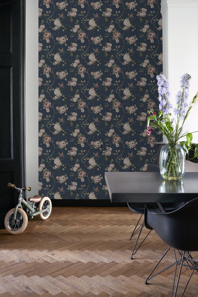 ESTAhome Tapete Blumenmuster Dunkelblau und Altrosa - 53 cm x 10.05 m - 139409