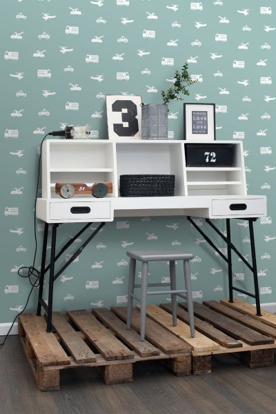 ESTAhome Tapete Autos, Löschfahrzeuge, Hubschrauber und Kräne Graublau - 53 cm x 10.05 m - 128864