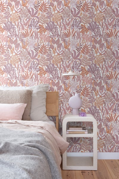 ESTAhome Tapete tropische Blätter und Blüten Orange und Lila - 50 x 900 cm - 131667