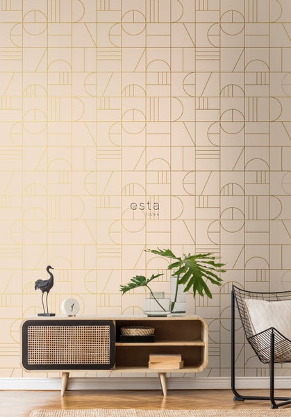 ESTAhome Tapete Art Decó Muster Pfirsichrosa und Gold - 53 cm x 10.05 m - 139206