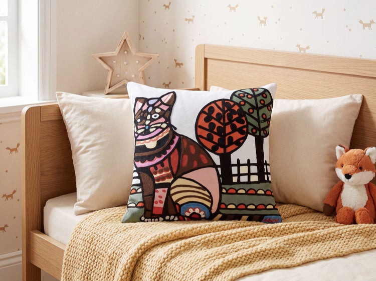 Dekokissen mit buntem Katzen- und Baummotiv auf einem Kinderbett aus Holz mit heller Strickdecke und Kuscheltier.
