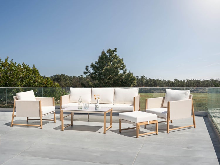 Gartenmöbelset mit Sofa, Sesseln, Hocker und Tisch