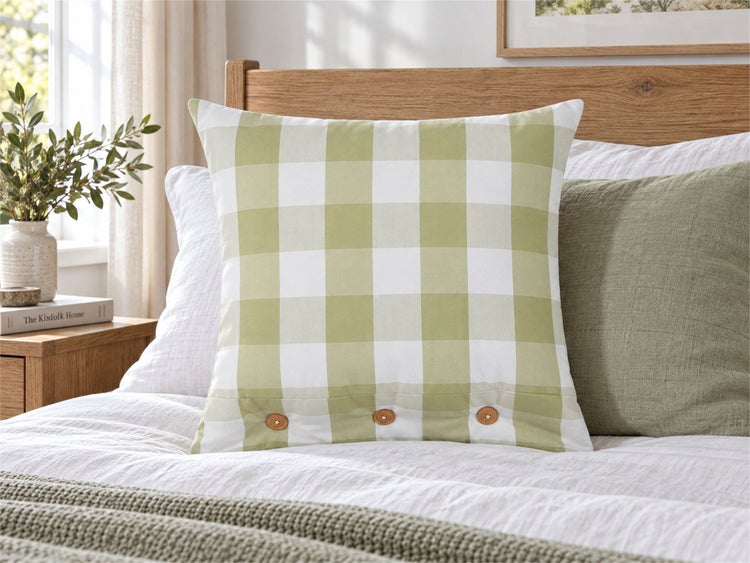 Quadratisches Kissen mit Karomuster und drei Knöpfen auf einem bezogenen Bett in einem hellen Schlafzimmer.