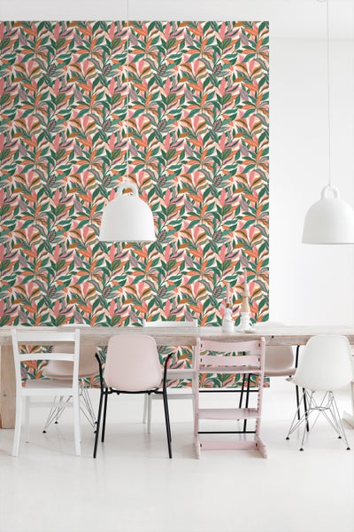 ESTAhome Tapete tropische Blätter Türkis, Rosa und Orange - 50 x 900 cm - 131044
