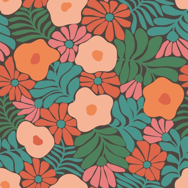 ESTAhome Tapete Blumen im Matisse-Stil Dunkelgrün, Orange und Blau - 50 x 900 cm - 131008