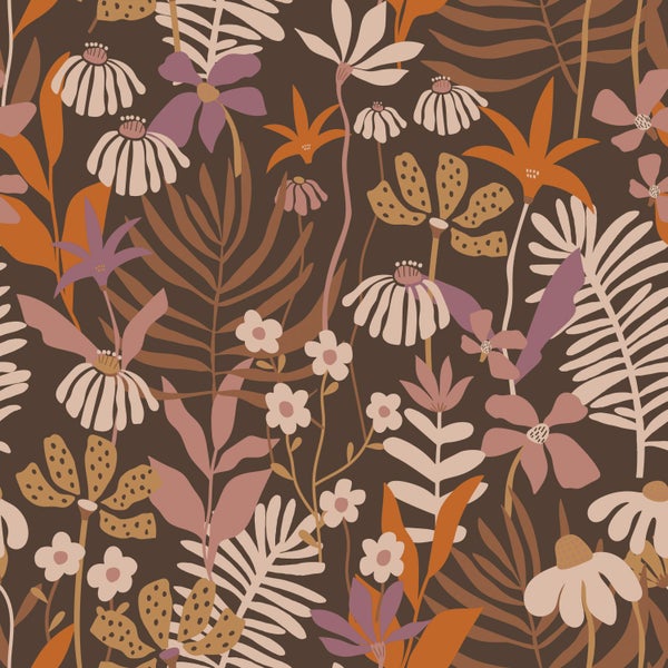 ESTAhome Tapete tropische Blätter und Blüten Braun, Lila und Mehrfarbig - 50 x 900 cm - 130998