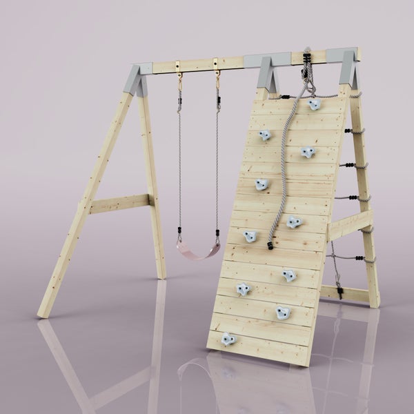Kinderspielgerät aus Holz mit Schaukel, Kletterwand mit Griffen, Kletterseil und Strickleiter