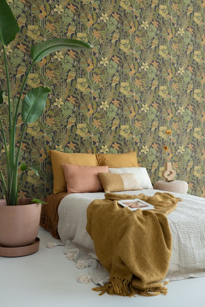ESTAhome Tapete tropischen Blumen und Paradiesvögeln Olivgrün - 50 x 900 cm - 131160