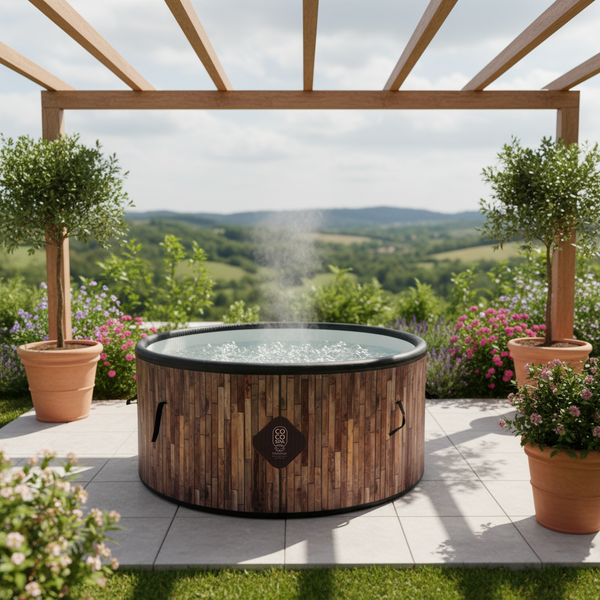 Runder Whirlpool mit Holzoptik-Verkleidung auf einer gefliesten Terrasse unter einer Holzpergola in einem Garten mit Landschaftsblick.