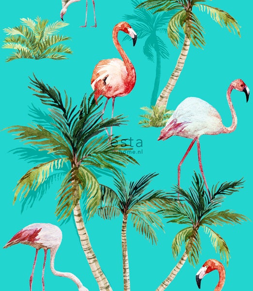 ESTAhome XXL-Vliestapete Flamingos Türkis, Grün und Rosa - 50 x 900 cm - 158609