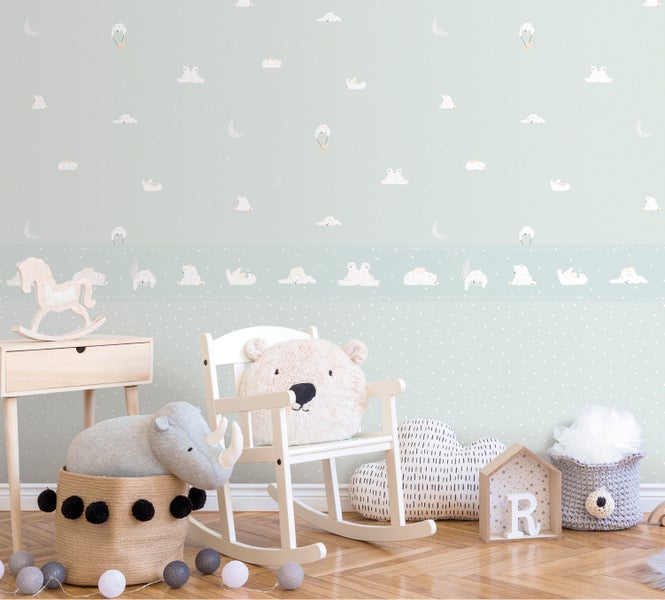 Kinderzimmer mit Leiter, Sternen, Korb und Stofftieren