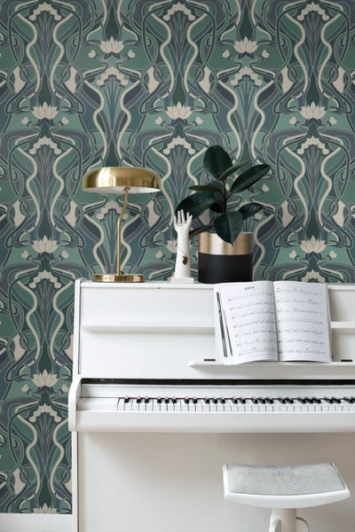ESTAhome Tapete Blumenmuster im Jugendstil Graugrün und Blau - 50 x 900 cm - 139894