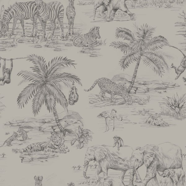 Origin Wallcoverings Tapete Dschungeltiere Kieselgrau - 53 cm x 10.05 m - 347443