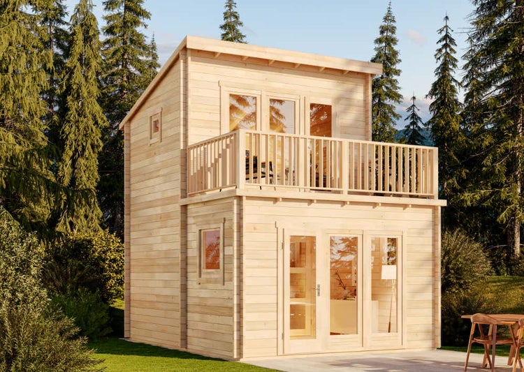 Alpholz Garten-und Freizeithaus Manhattan Blockhaus aus Holz, Holzhaus mit 44 mm Wandstärke inklusive Terrasse inklusive Schlafboden, Blockbohlenhaus mit Montagematerial, Naturbelassen 44xx55m m