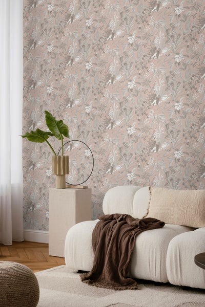 Sanders und Sanders Tapete tropische Blätter und Blüten Graurosa - 53 cm x 10 m - 640245